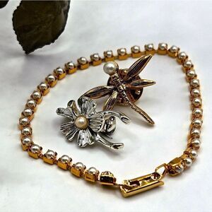 "5/$25" Bracelet and 2 Pins Brooches, Dragonfly, Wishbone Faux Pear Jewelry